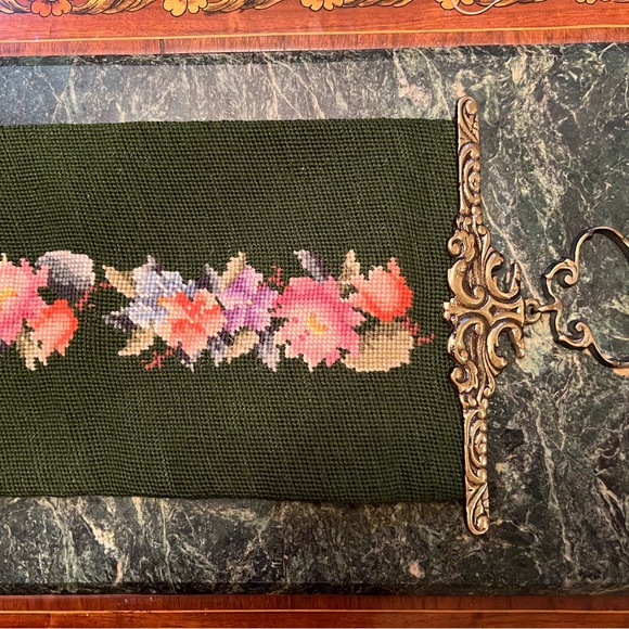 Vintage Needlepoint Green Floral & Velvet Wall Decor~Runner - Picture 3 of 10
